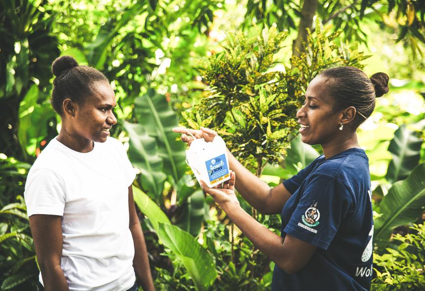 Um membro da equipe do World Mosquito Program em Vanuatu mostra a um morador como pendurar sua caixa de mosquitos