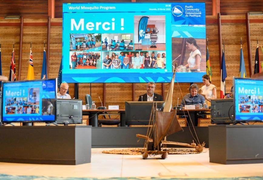 Foto de uma tela de projetor mostrando "merci" em respostas à implementação bem-sucedida da Wolbachia do World Mosquito Program na Nova Caledônia