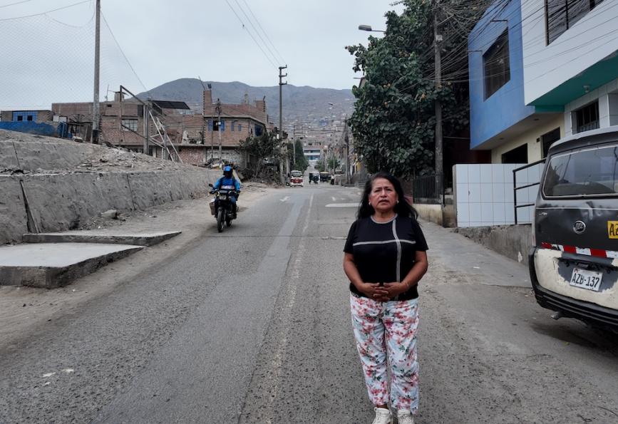 Carmen na rua, com world mosquito program ao fundo